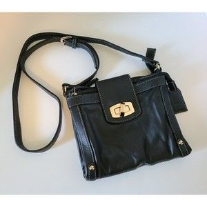Le Papillon Black Leather Crossbody Pockets Adjustable Strap Goldtone Hardware